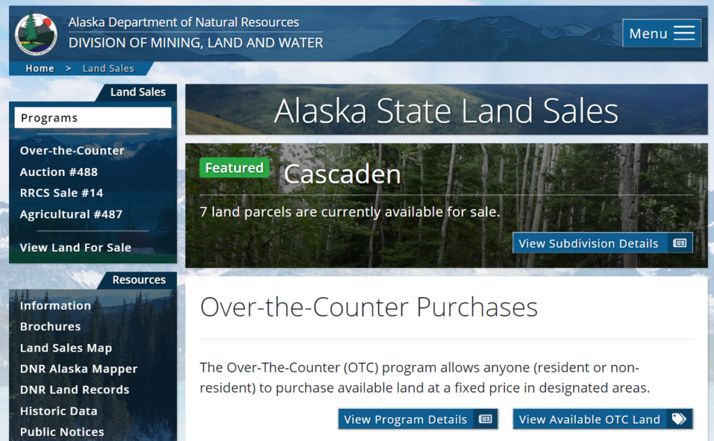 Alaska Land Sales website for buying homestead land